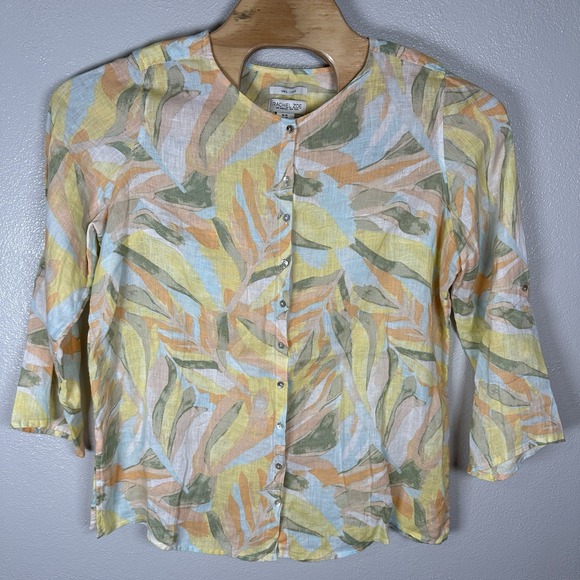 Rachel Zoe Tops - Rachel Zoe 100% Linen Button Up Tunic Top Womens 1X Pastel Floral Print Roll Tab